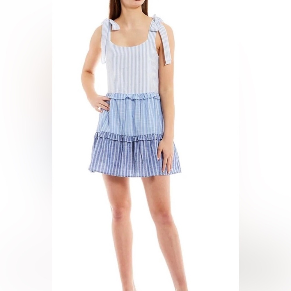 Blu Pepper Womens Tiered Tunic Tank Top Sz M Blue Stripe Lined Tie Straps Cotton